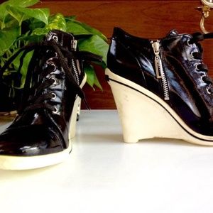 Black patent and white wedge sneakers